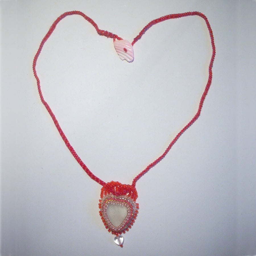  Red and White Heart Sea Glass Pendant