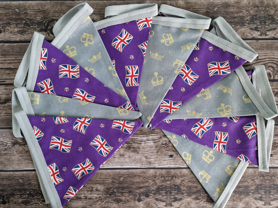 Union Jack Double Sided Fabric Bunting - silver grey crowns purple Union Jacks