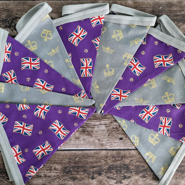 Union Jack Double Sided Fabric Bunting - silver grey crowns purple Union Jacks