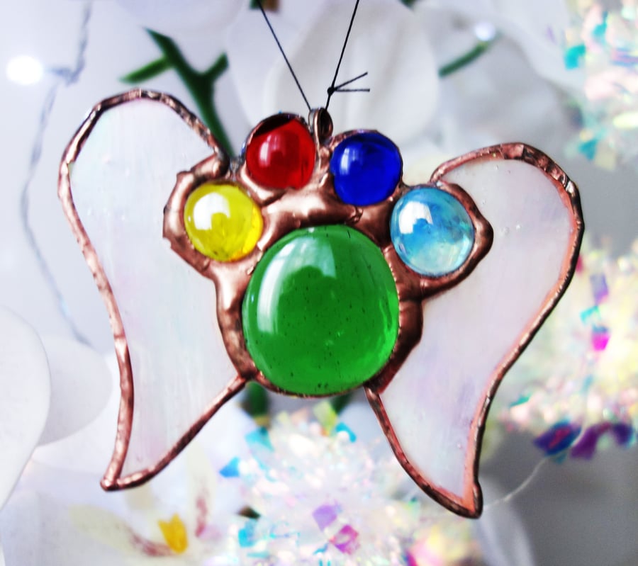 Rainbow Bridge Paw with wings Pet Memorial in Stained Glass