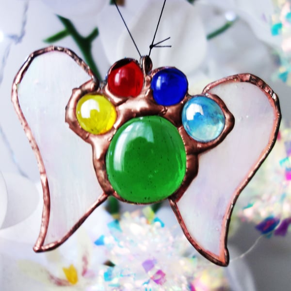 Rainbow Bridge Paw with wings Pet Memorial in Stained Glass