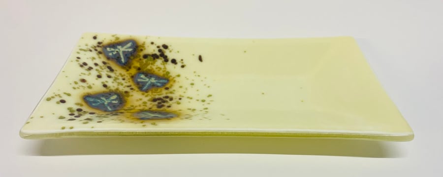 A Beautiful Cream and Blue Dragonfly Hand Crafted Fused Glass Decorative Plate