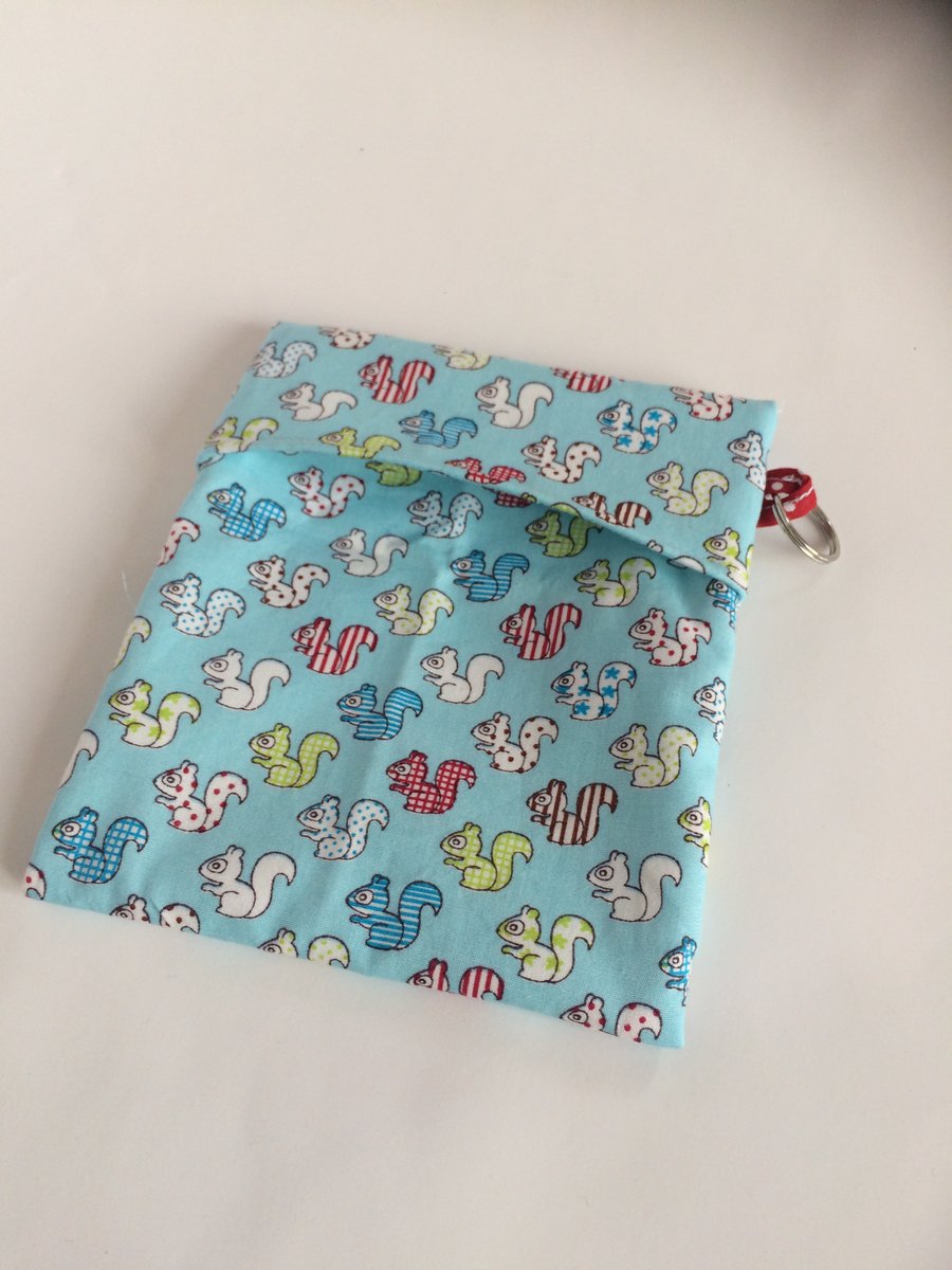 Large reusable snack holder for food on the go. Squirrel cotton and PUL fabric