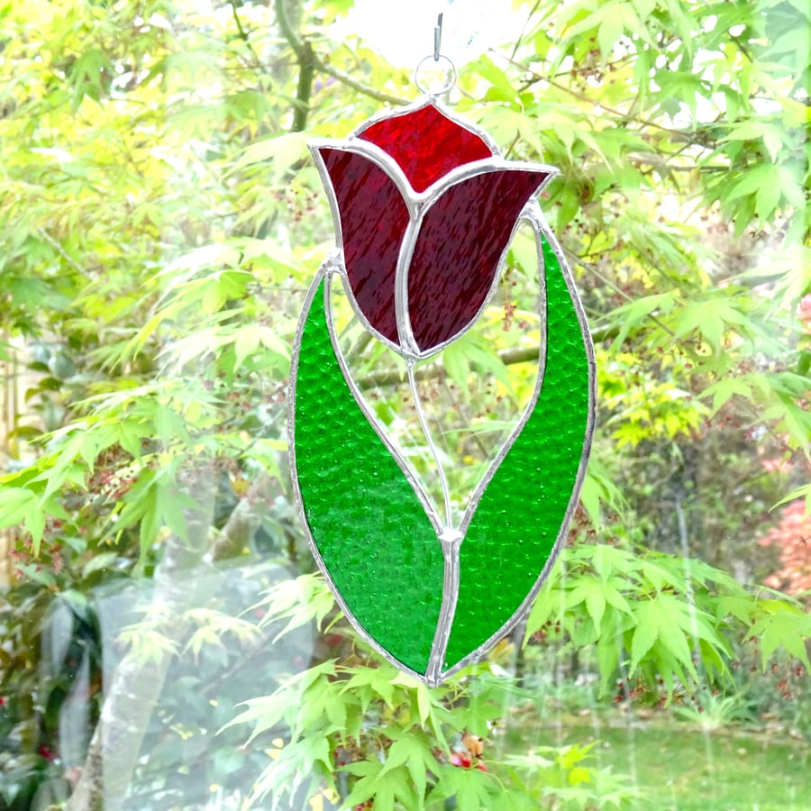 Stained Glass Tulip Suncatcher Handmade Hanging Decoration - Red
