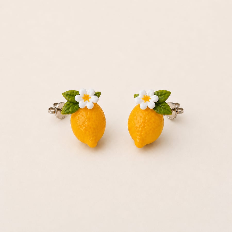 Handmade Lemon Polymer Clay Stud Earrings Sterling Silver Jewellery