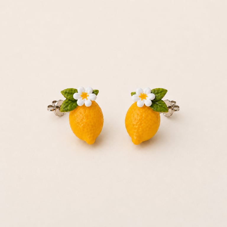 Handmade Lemon Polymer Clay Stud Earrings Sterling Silver Jewellery