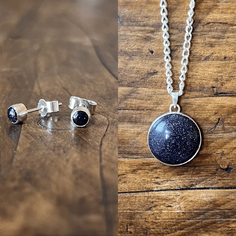 Written in the stars earring & pendant set. Sterling Silver, Blue Goldstone