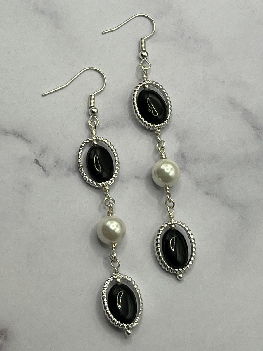Silver plated oval earrings with black obsidian and shell pearls 
