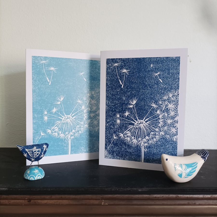  2 Hand Printed Dandelion Clock Cards - 2 Linocut Greetings Cards - Pack Of 2