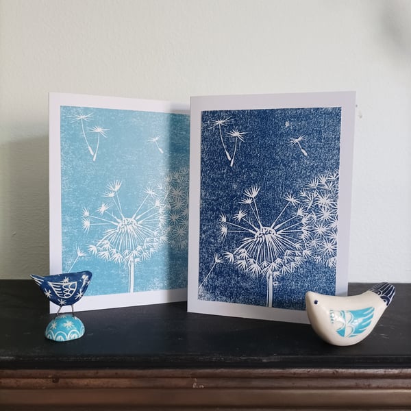  2 Hand Printed Dandelion Clock Cards - 2 Linocut Greetings Cards - Pack Of 2