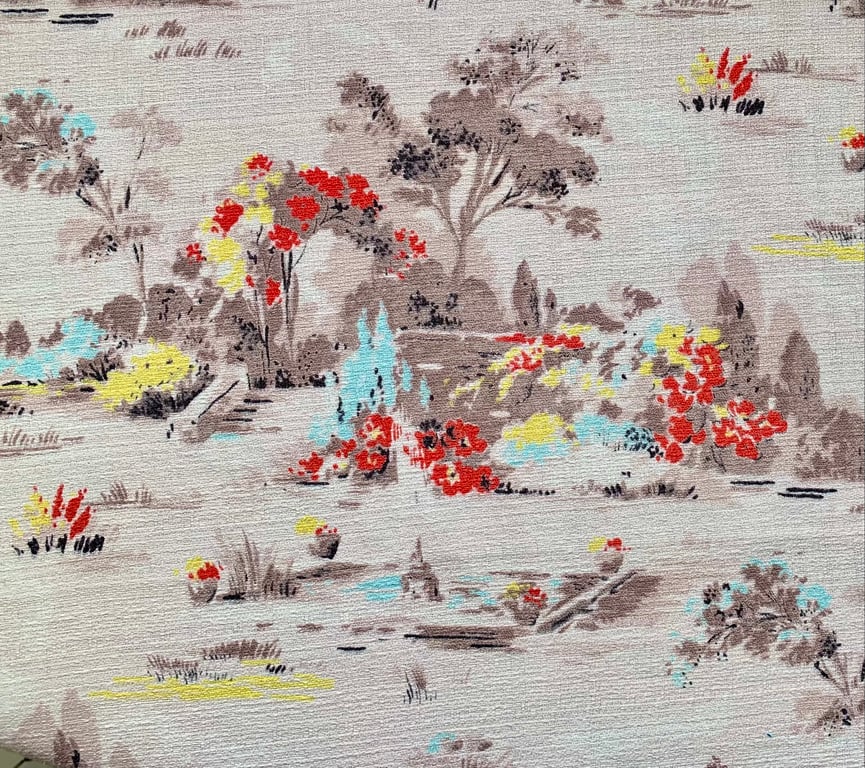 MCM 40s 50s Pictorial Landscape Grey Pastel Barkcloth Fabric for sale 