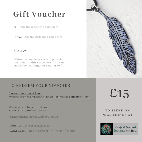Original Kiln-fired Enamelled Jewellery Gift Voucher - to spend in the Shop