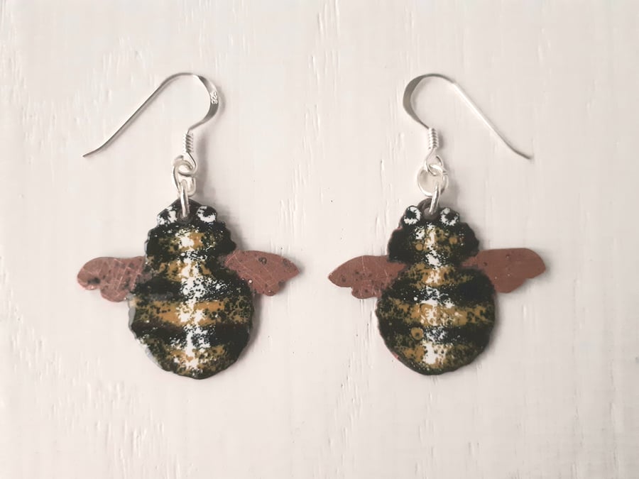Bumble Bee Earrings - in Stripes of Golden Yellow & Black Enamels