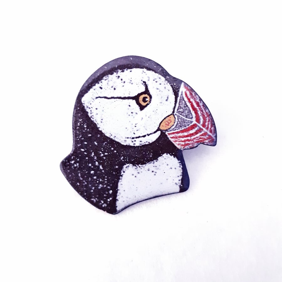 Puffin's Head Brooch in Enamels