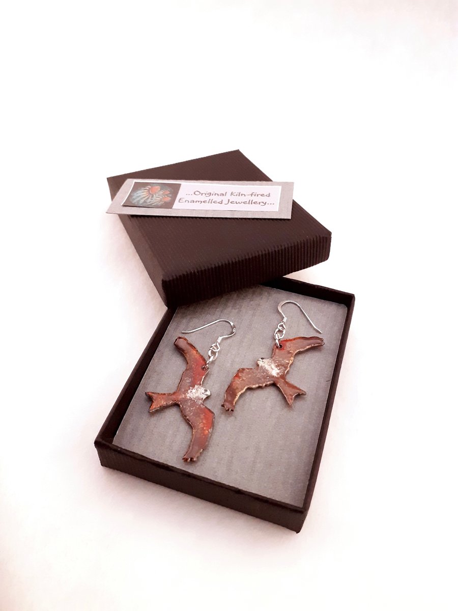 Red Kite Earrings - Bird of Prey-shaped Pendant Earrings in Enamels
