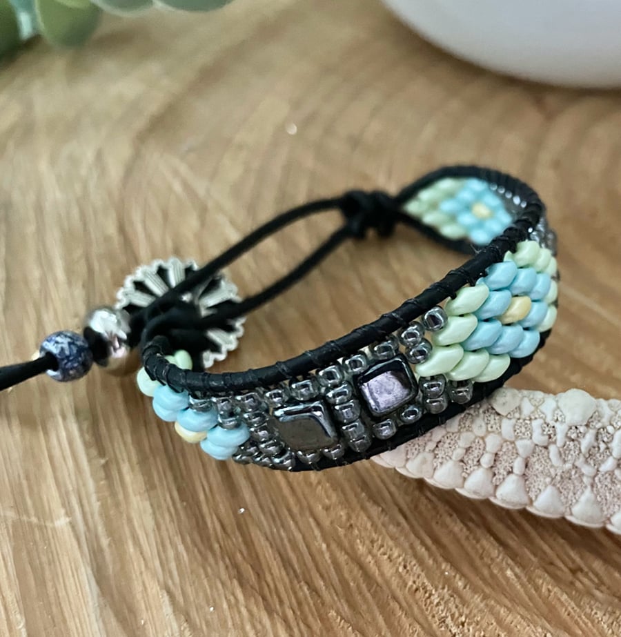 Boho woven leather wrap beaded adjustable bracelet