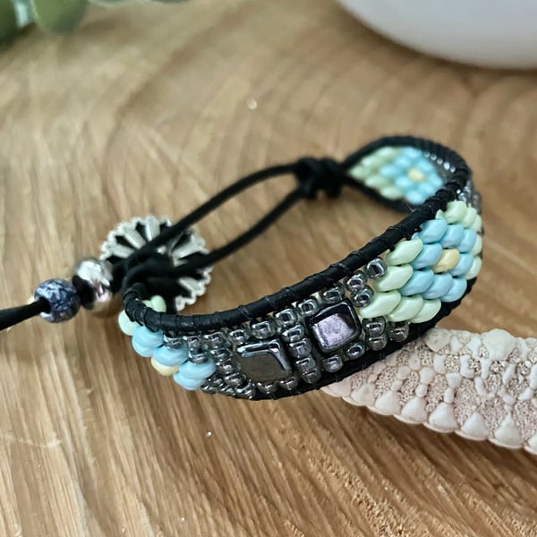 Boho woven leather wrap beaded adjustable bracelet