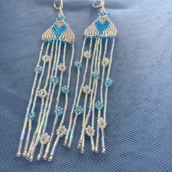 Unique design handmade Blue & Pearl white floral earrings