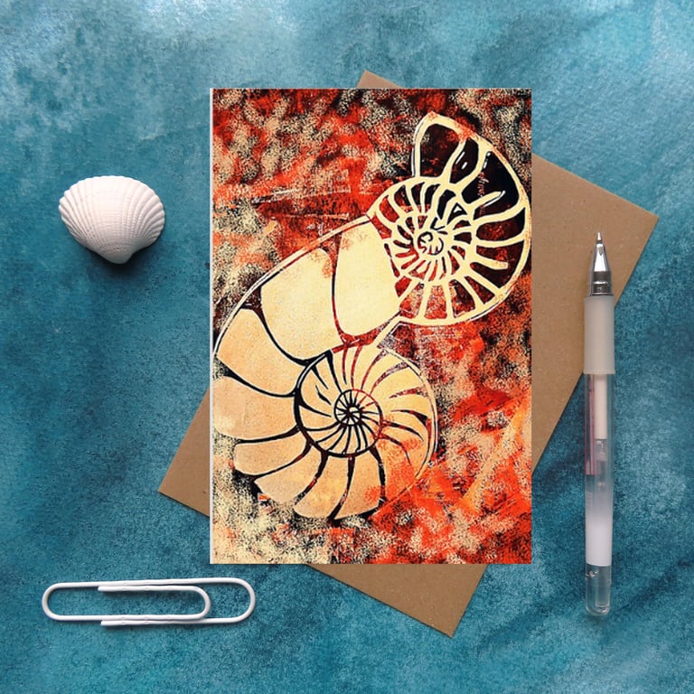 Ammonite fossil card from an original lino print jurassic coast cello free