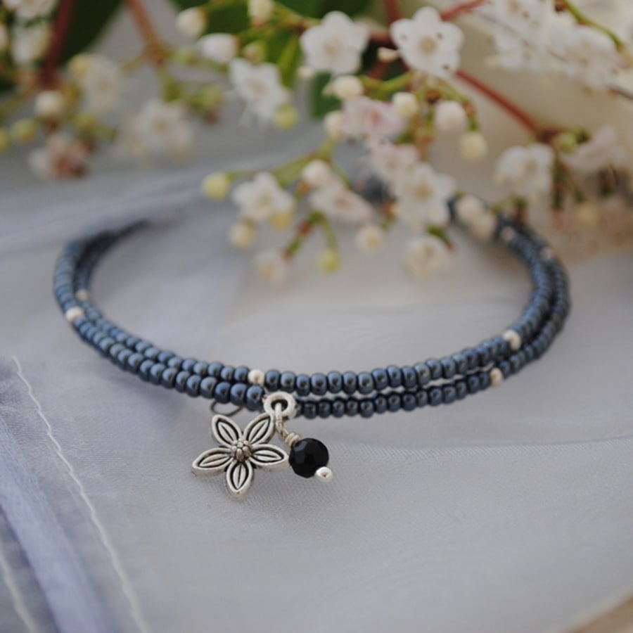 Grey & silver wrap bracelet with flower charm