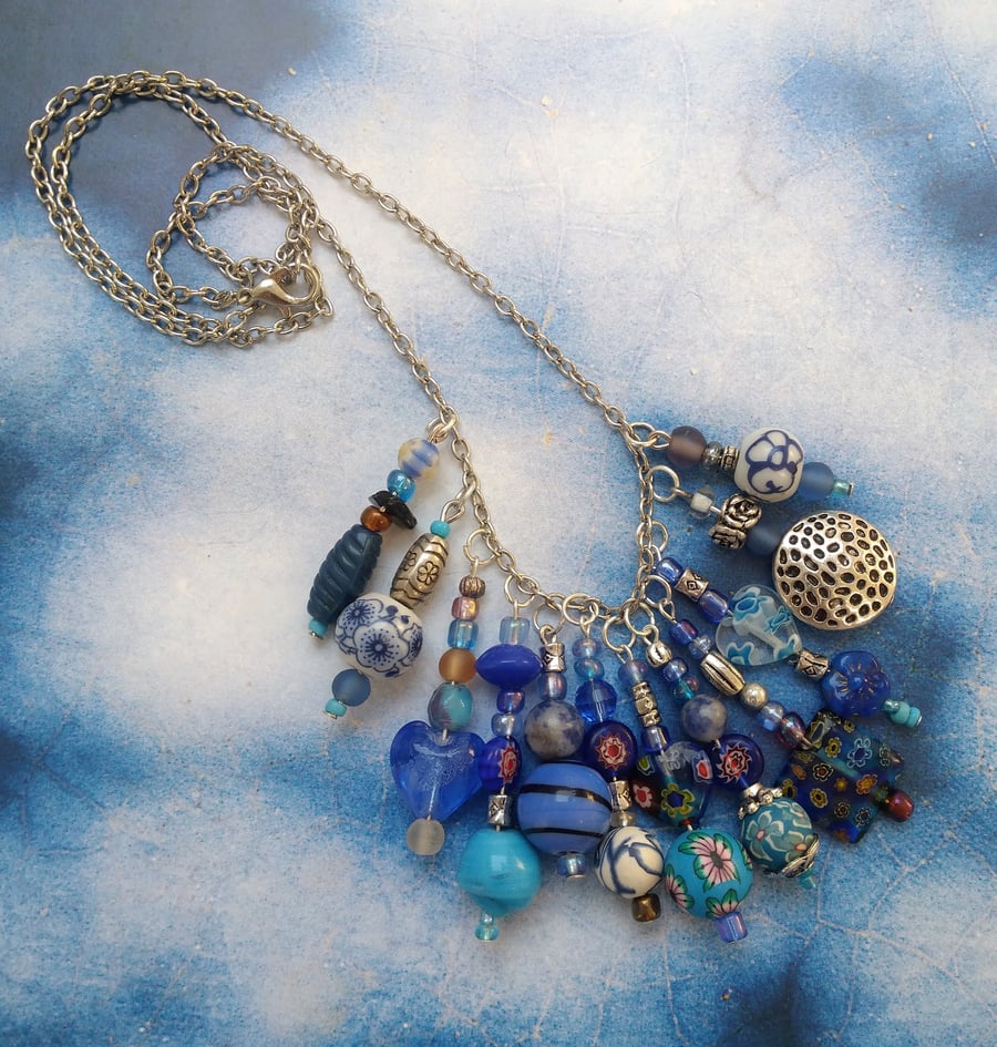 Gorgeous Blues Beaded Necklace made from Recycled Beads 