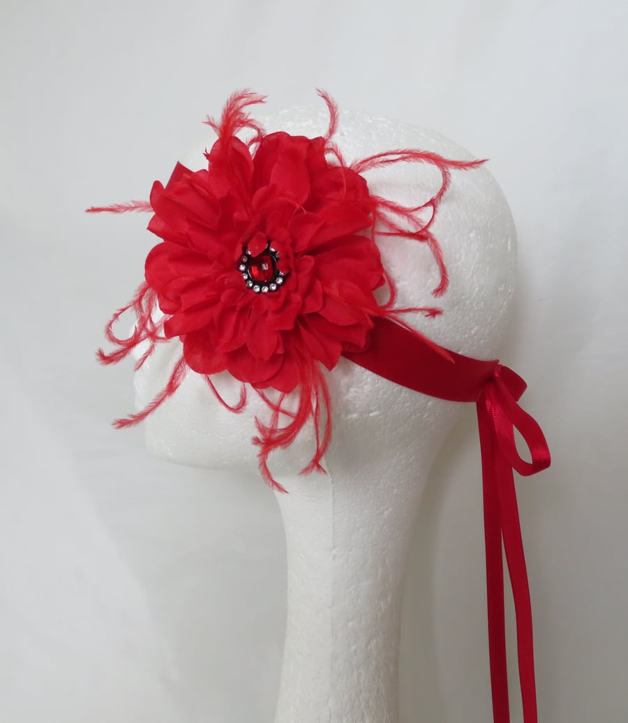 Scarlet Red Flower and Feather Vintage Style Flapper Headband