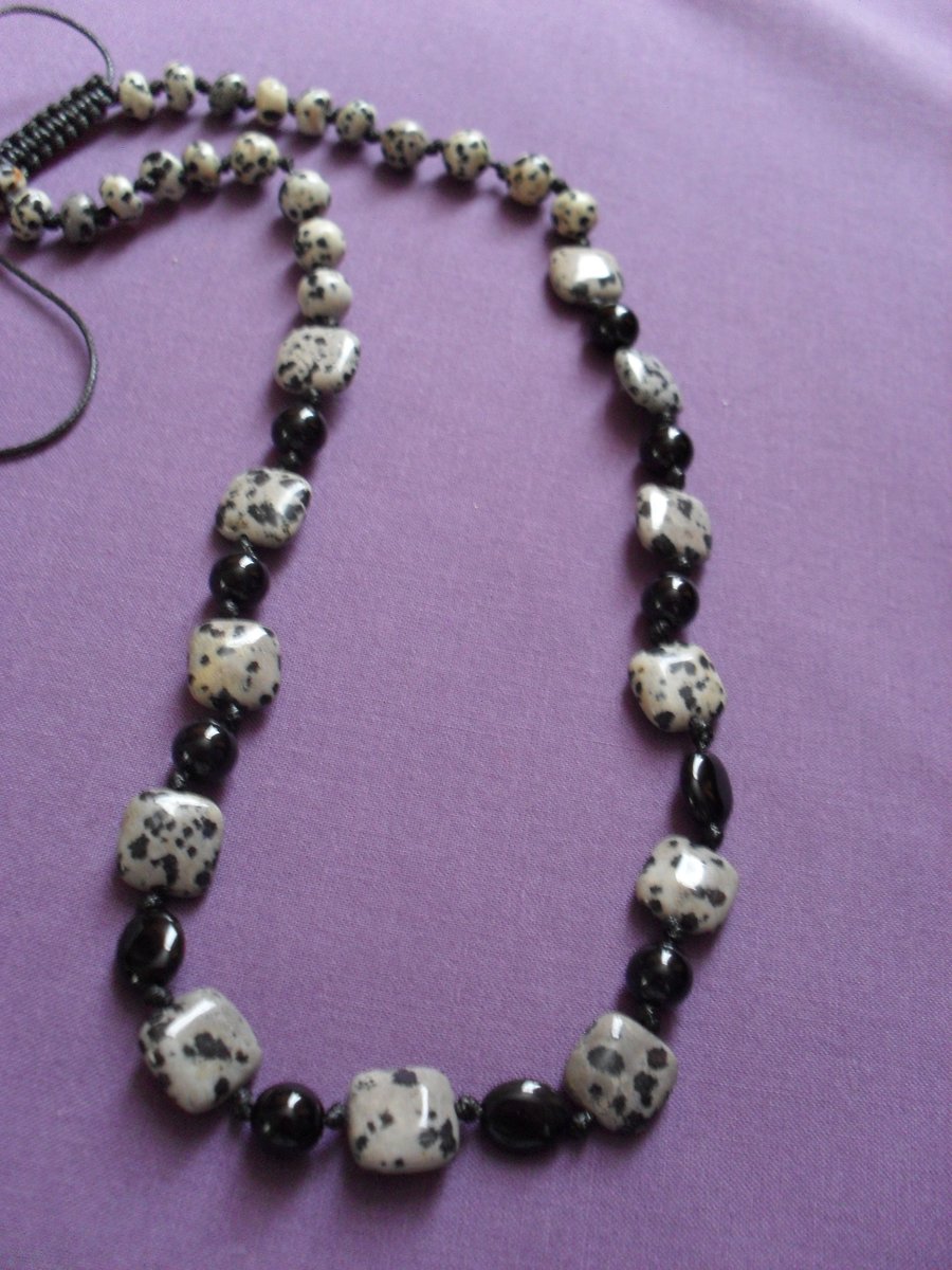 Dalmatian Jasper and Black Onyx Knotted Necklace