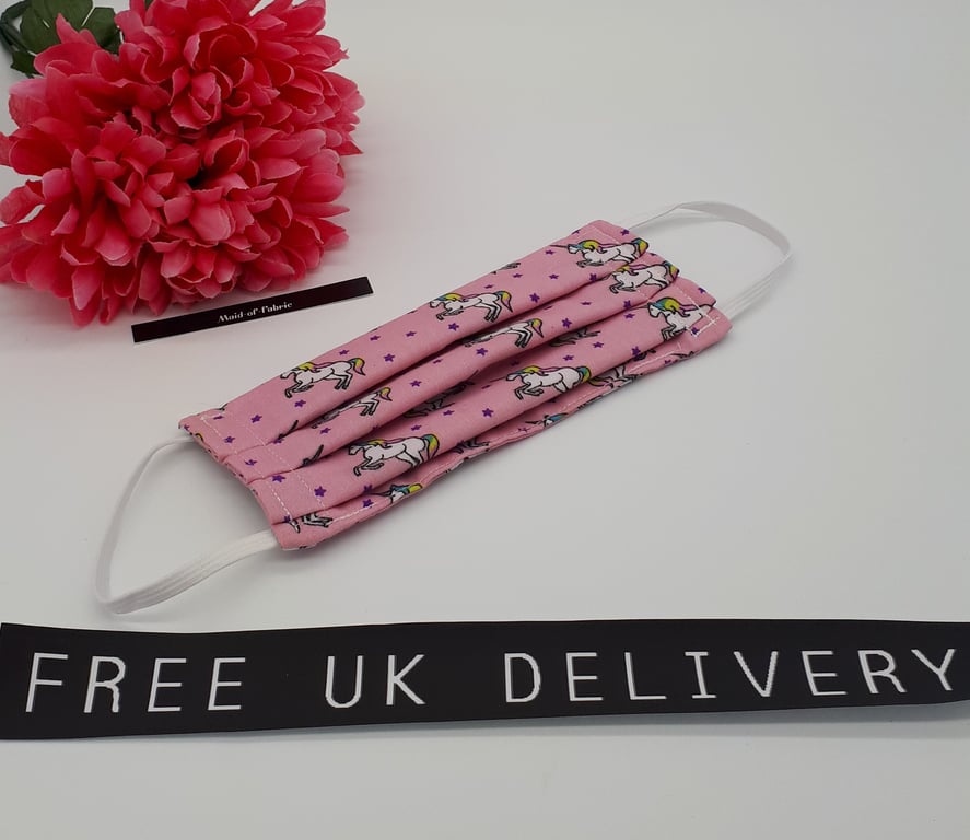 Face mask,  small,  3 layer,  machine washable in pink unicorn fabric.  