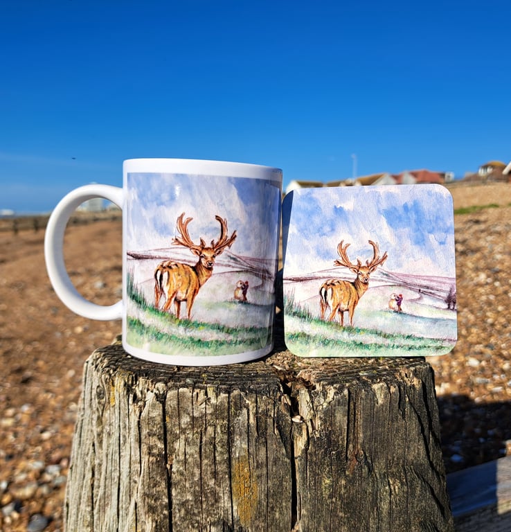 Sussex Deer snow on the downs Mug Coaster set from an original watercolour print