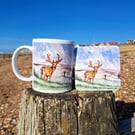 Sussex Deer snow on the downs Mug Coaster set from an original watercolour print