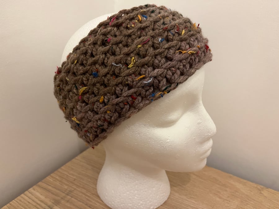 Ladies Crochet Ear Warmer Winter Warm Light Brown Flecked