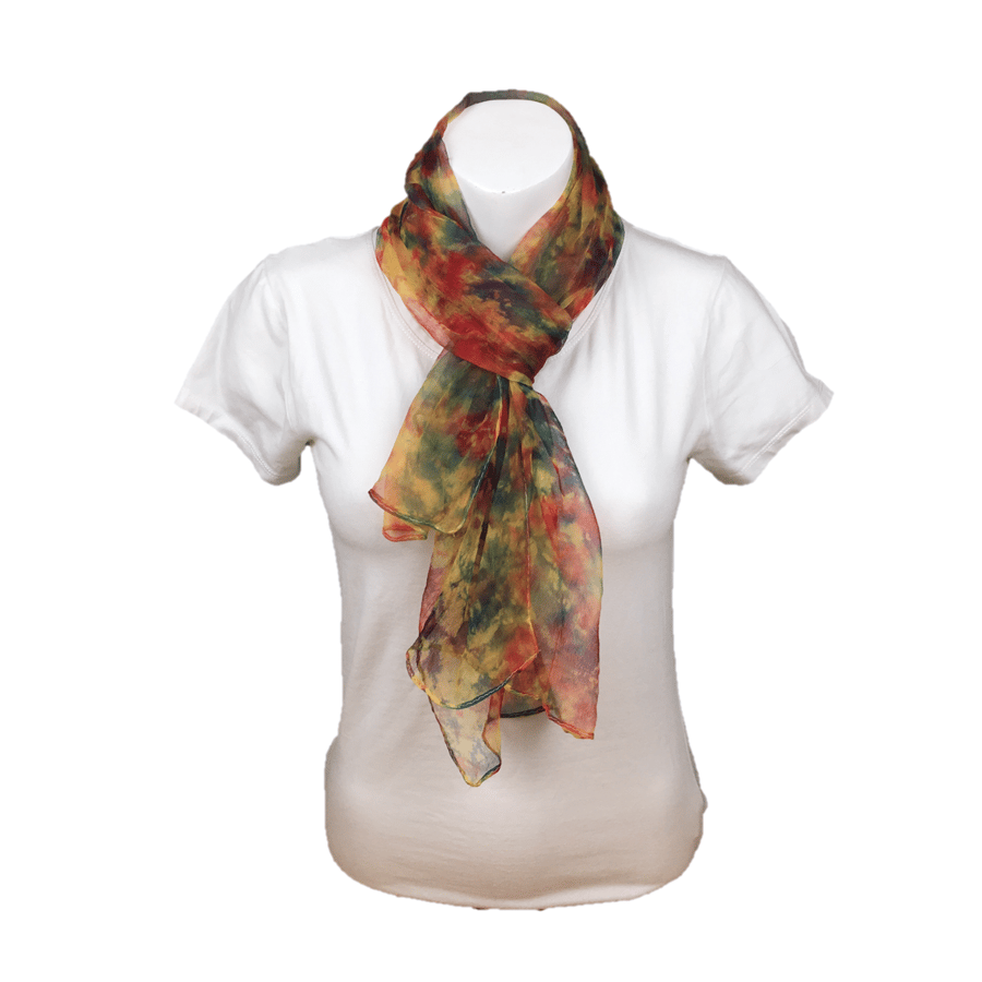 Hand dyed silk chiffon fashion scarf in red , green and yellow