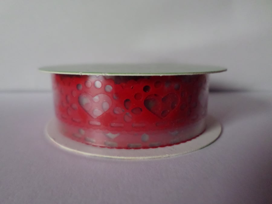 1 x 1m Roll Self-Adhesive Plastic Ribbon Tape - Hearts - Red 