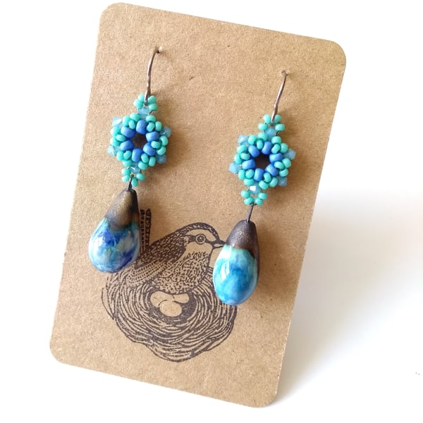 Pastel Blue and Mint Green Ceramic Beaded Drop Earrings