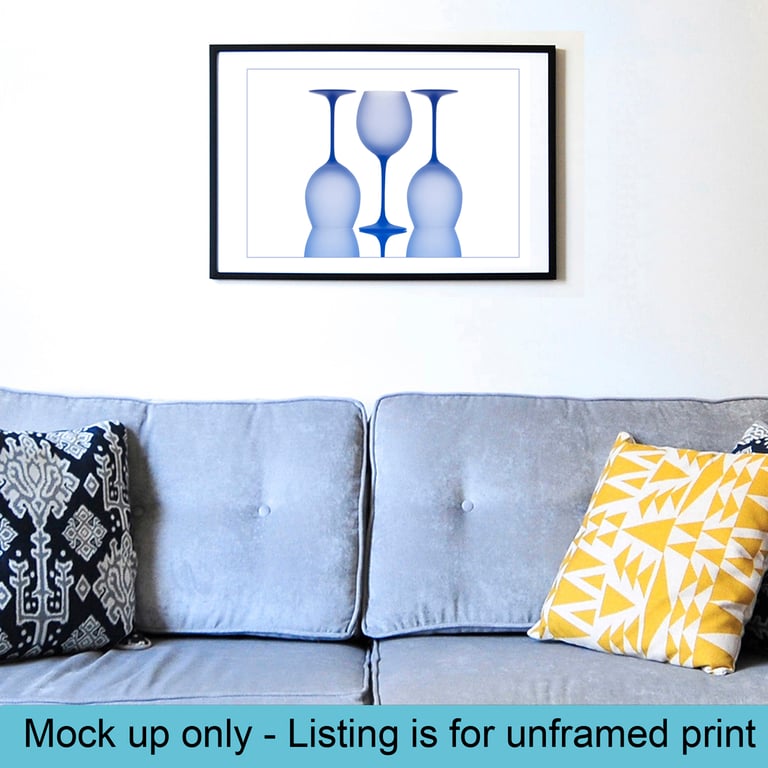 Blue wine glass reflections with key line wall art print 