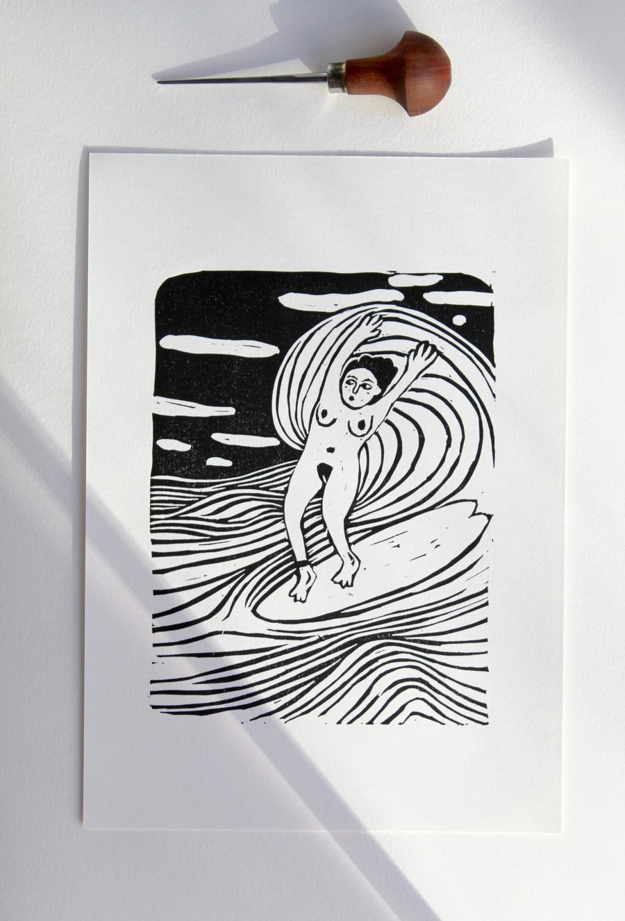 Original surfing linocut print 