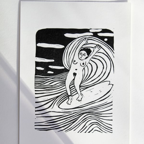 Original surfing linocut print 