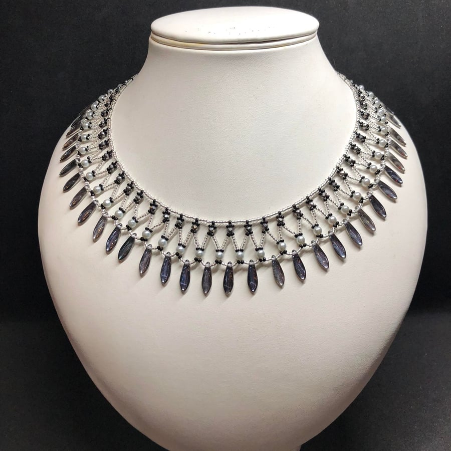 Sansa handmade glass seed bead necklace with glass Pearls and Crystals