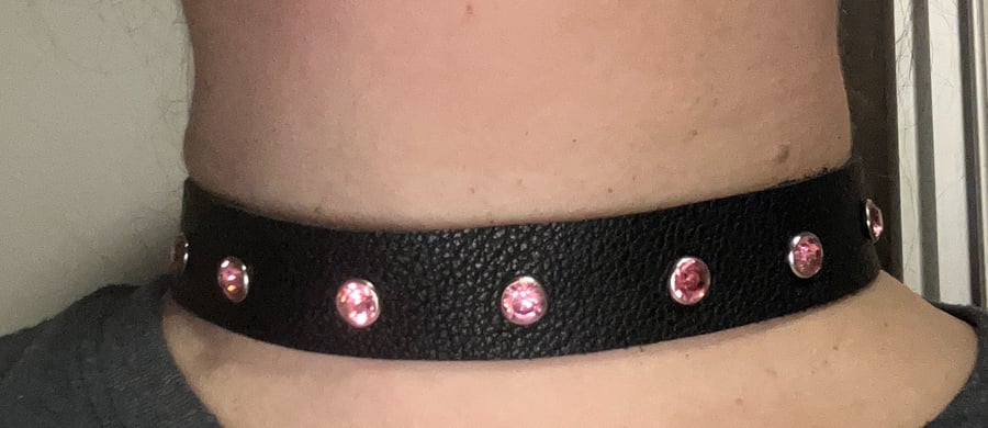 Black Leather Choker with 7 Pink Gemstones (custom sized 14"-16")