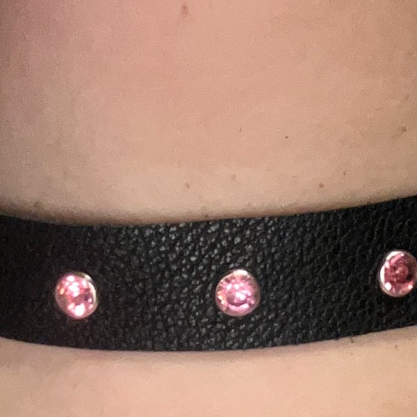 Black Leather Choker with 7 Pink Gemstones (custom sized 14"-16")