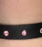 Black Leather Choker with 7 Pink Gemstones (custom sized 14"-16")