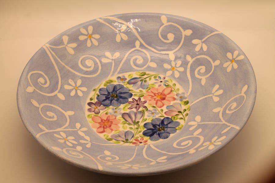 Blue and White Daisy Bowl with Chintz Flowers