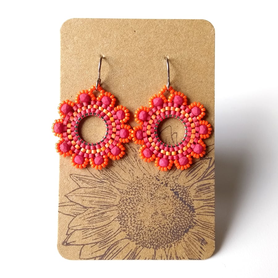 Summer Flower Hoop Earrings in Red and Orange