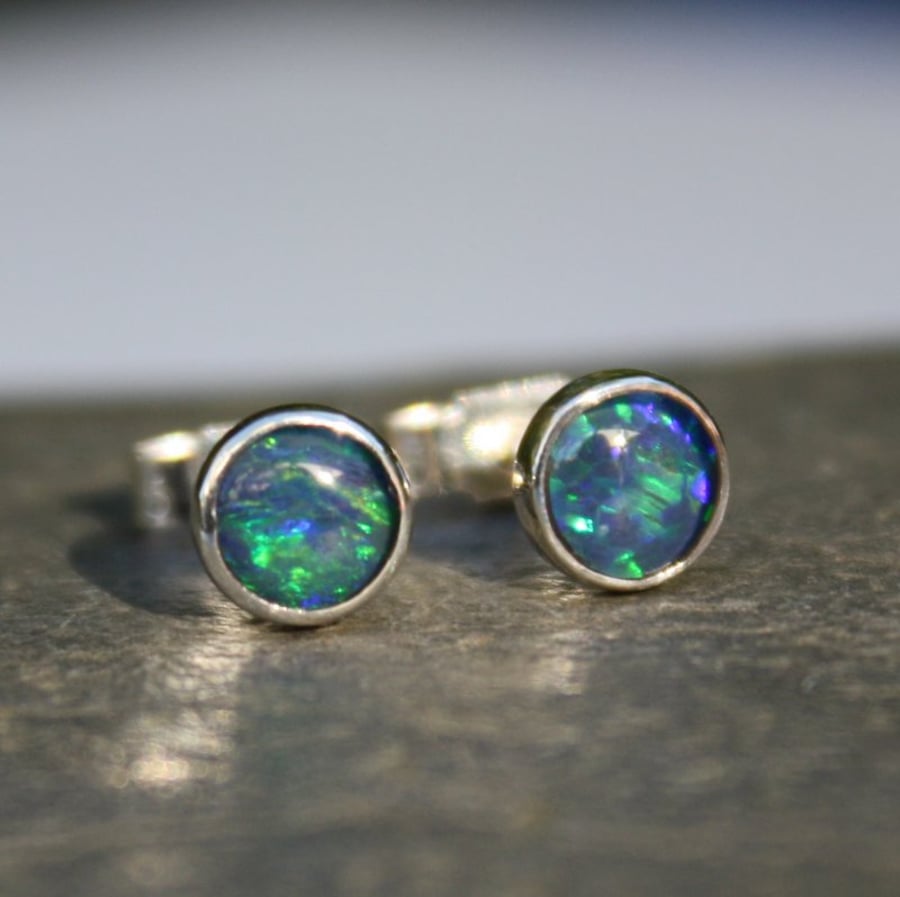 Opal stud earrings sterling silver, gemstone studs