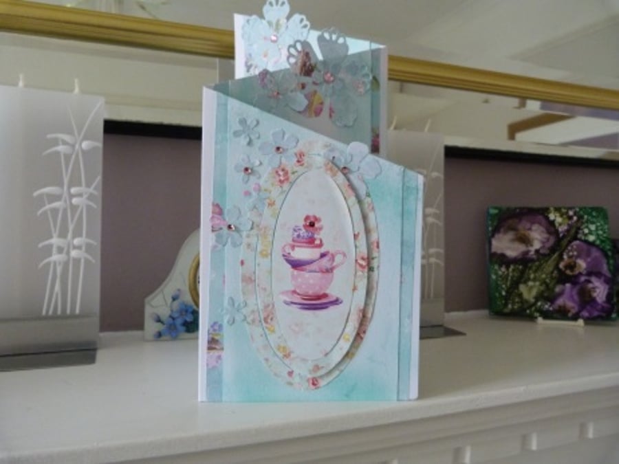 Flower and Teacups Three Fold Birthday Card