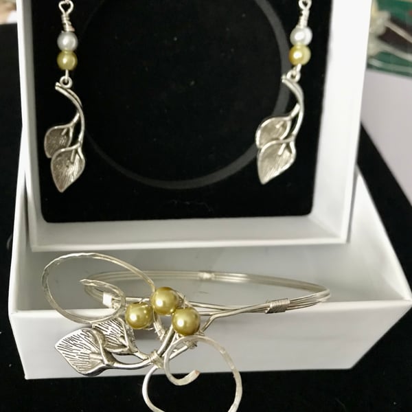 Silver Statement Bangle & Earrings Set, Calla Lily with Sage Glass Pearls