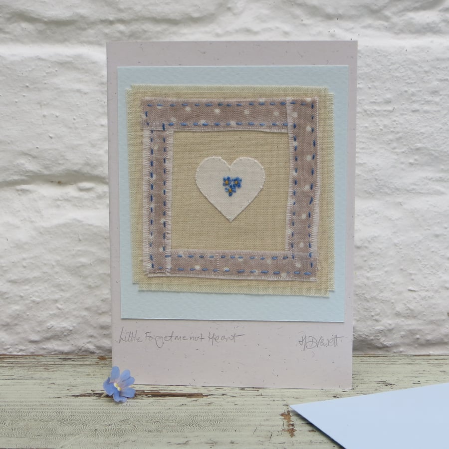 Forget-me-nots hand-stitched miniature with heart - a gift as well as a card!