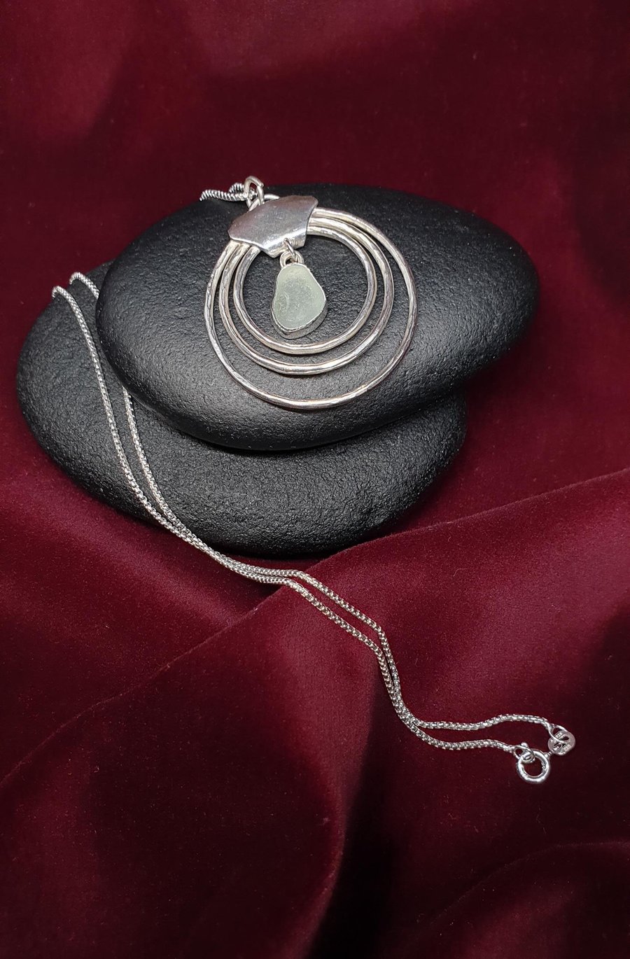 Sterling Silver 925 Unique Triple Circle Pendant with Seaham Seafoam Color Seagl