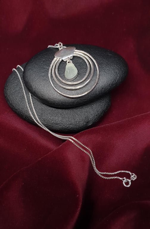 Sterling Silver 925 Unique Triple Circle Pendant with Seaham Seafoam Color Seagl