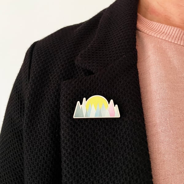 Pastel Mountain Wood Brooch